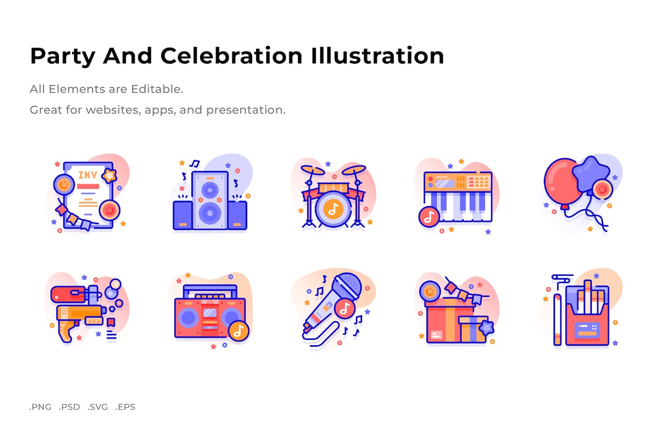 派对和庆典插画彩色图标素材 (PNG,PSD,SVG)
