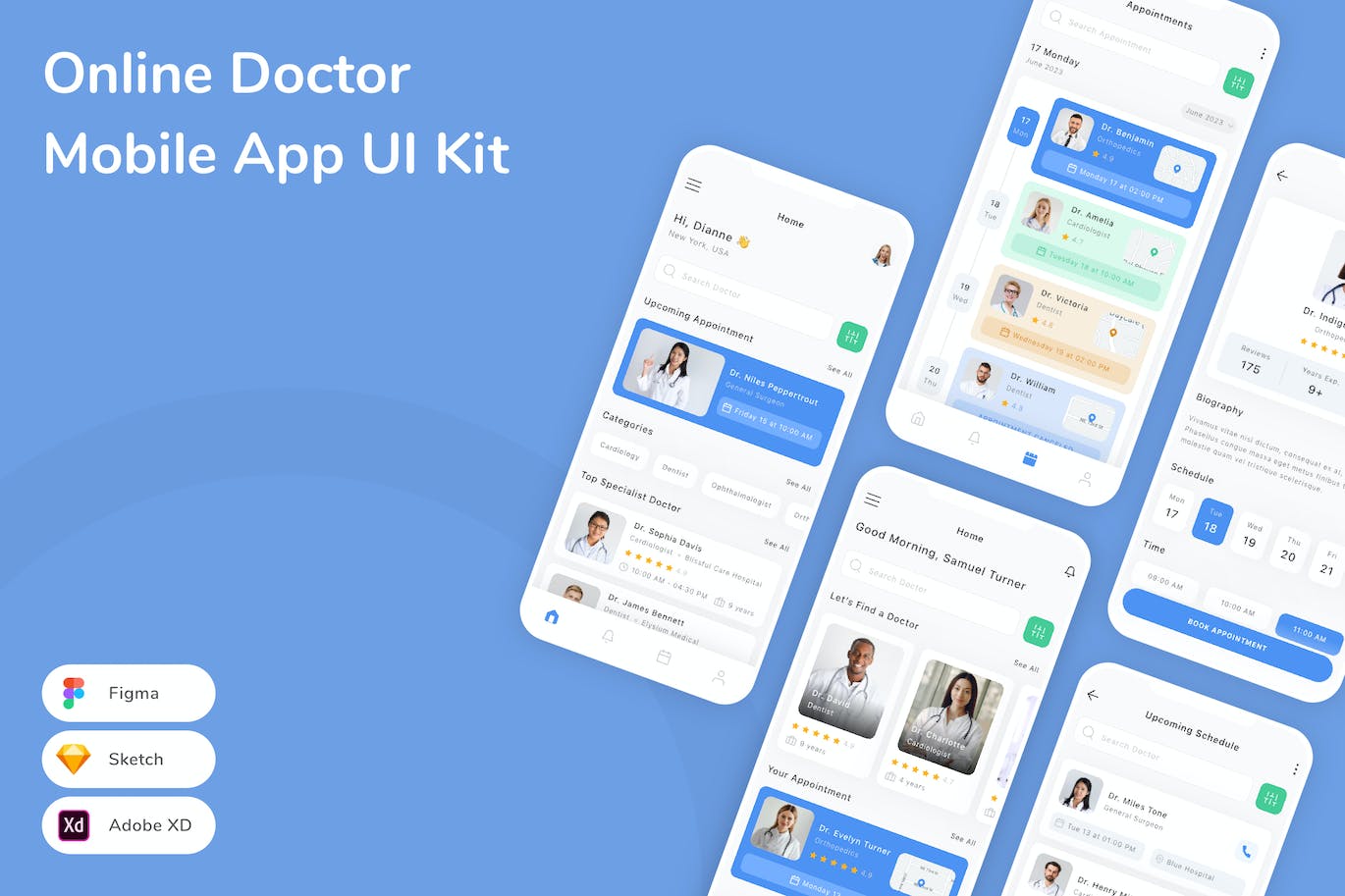 在线医生手机应用App UI Kit (SKETCH,FIG,XD)