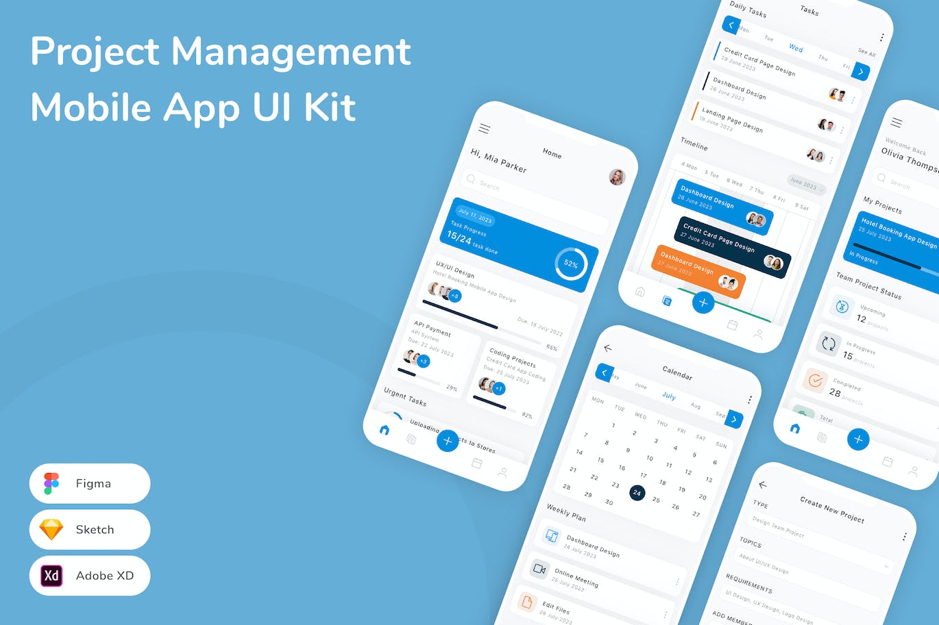 项目管理移动应用App UI Kit (SKETCH,FIG,XD)