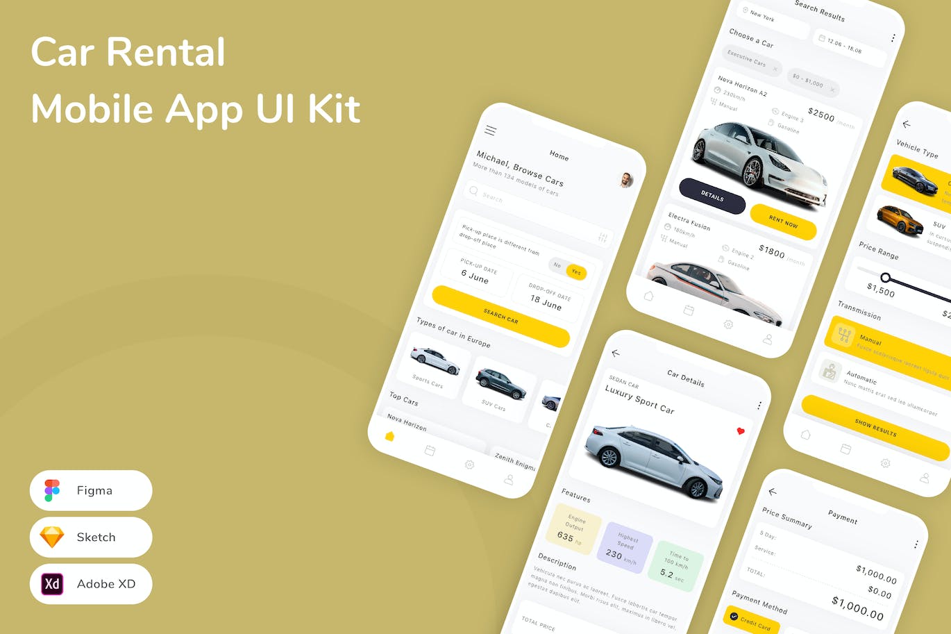 租车移动应用App UI Kit (SKETCH,FIG,XD)