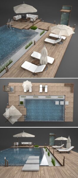 包含太阳伞 躺椅 凉亭的户外游泳池3D模型（FBX,MAX）