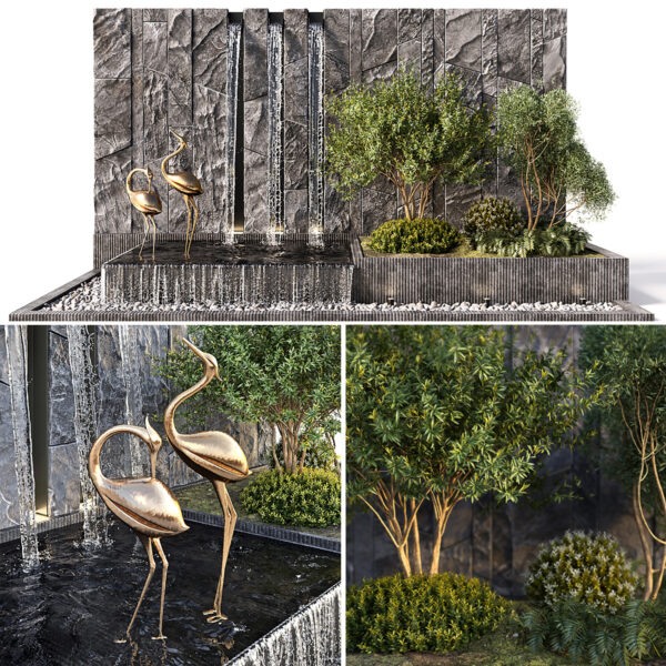 包含瀑布 绿植 鸟雕塑的庭院景观3D模型（OBJ,MAX）