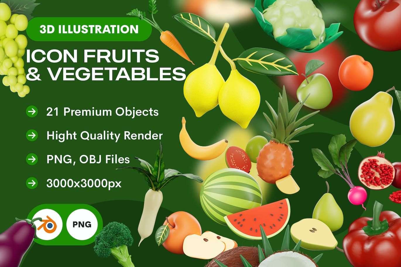 水果和蔬菜3D插图图标 (PNG,Blend)