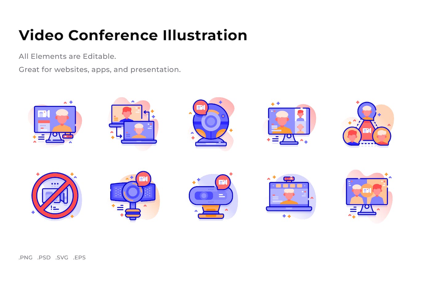 视频会议插画彩色图标素材 (PNG,PSD,SVG)