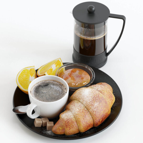 托盘中的羊角面包 咖啡 橙子等食物组合3D模型（MAX）