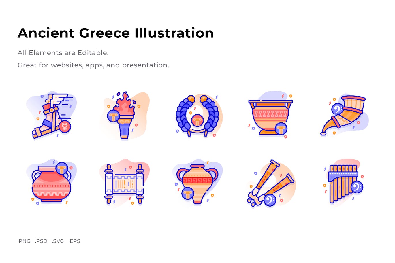 古希腊元素插画彩色图标素材 (PNG,PSD,SVG)