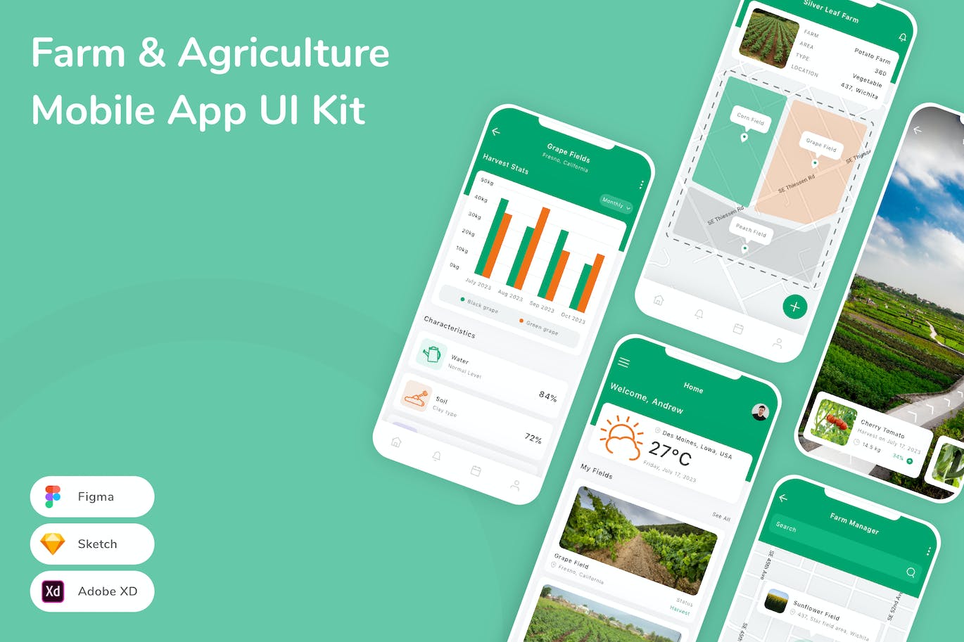 农场和农业移动应用  App UI Kit (SKETCH,FIG,XD)