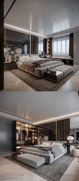 带衣橱和梳妆台的暗色系大卧室设计 卧室场景3D模型（MAX）