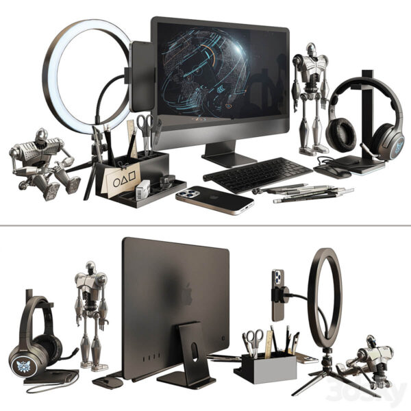 包含苹果一体机 耳机 手机 环形灯和文具的工作桌面装饰组合3D模型（FBX,MAX）