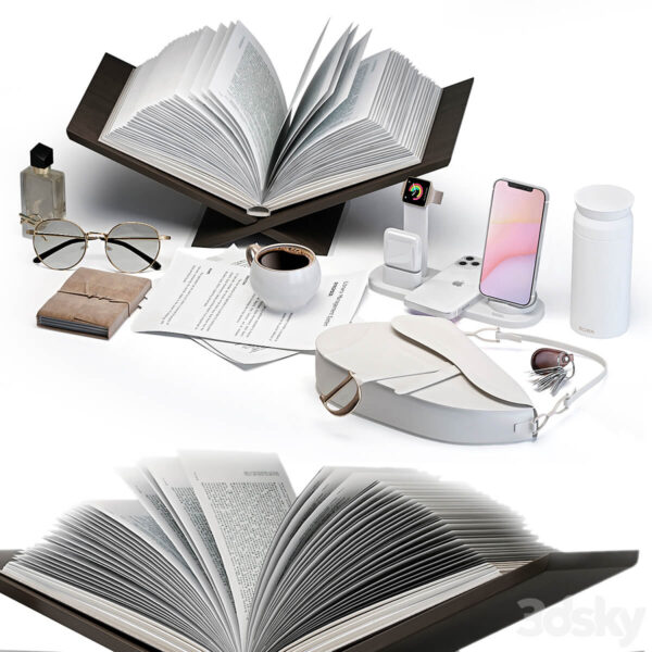 包含手机 手提包 咖啡 书籍等的边桌桌面装饰组合3D模型（OBJ,FBX,MAX）