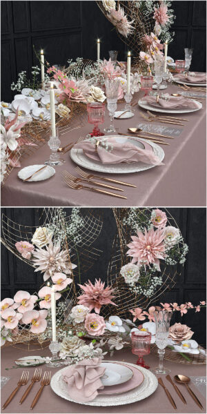 婚礼餐桌桌面餐具和装饰组合3D模型（MAX）