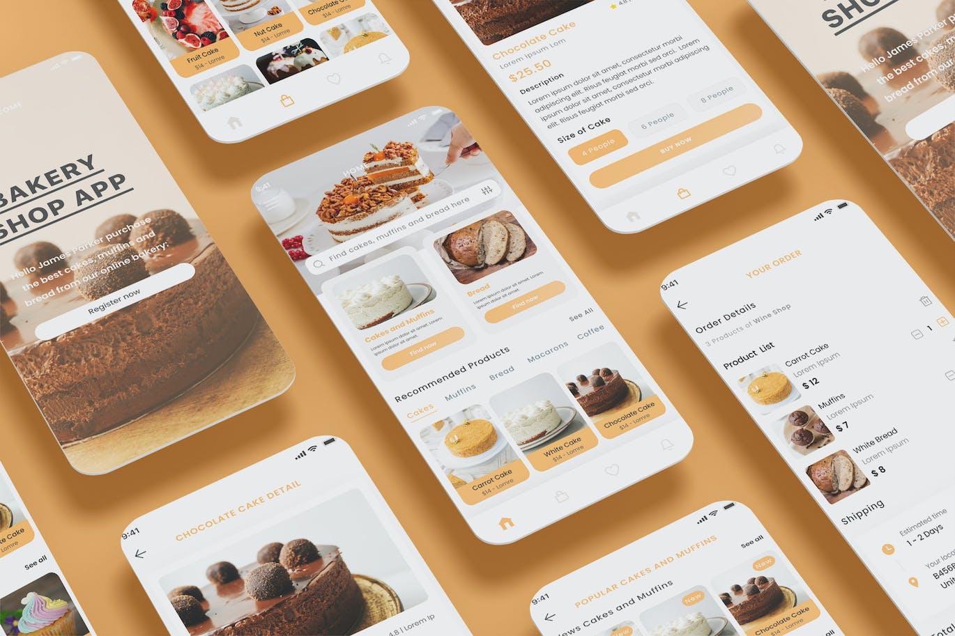 蛋糕电商、松饼店、面包店App UI Kit (FIG,PSD,SKETCH,XD,SVG)