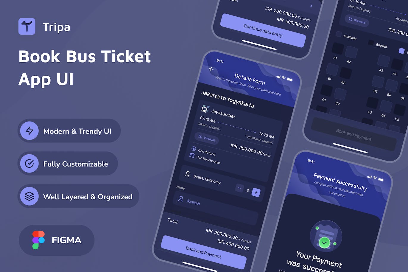 预订巴士票深色模式应用App UI Kit (FIG)