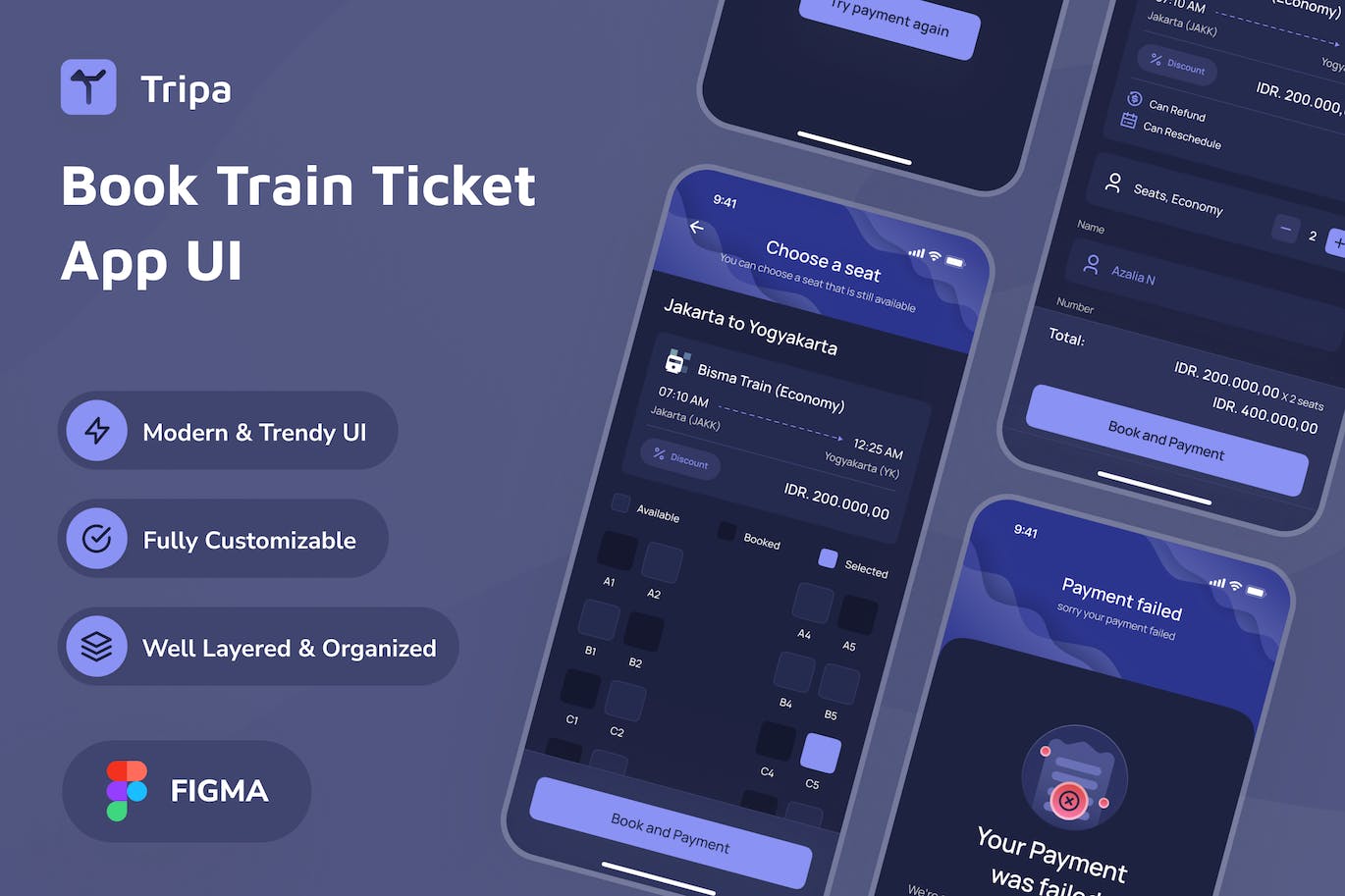 预订火车票深色模式应用App UI Kit (FIG)