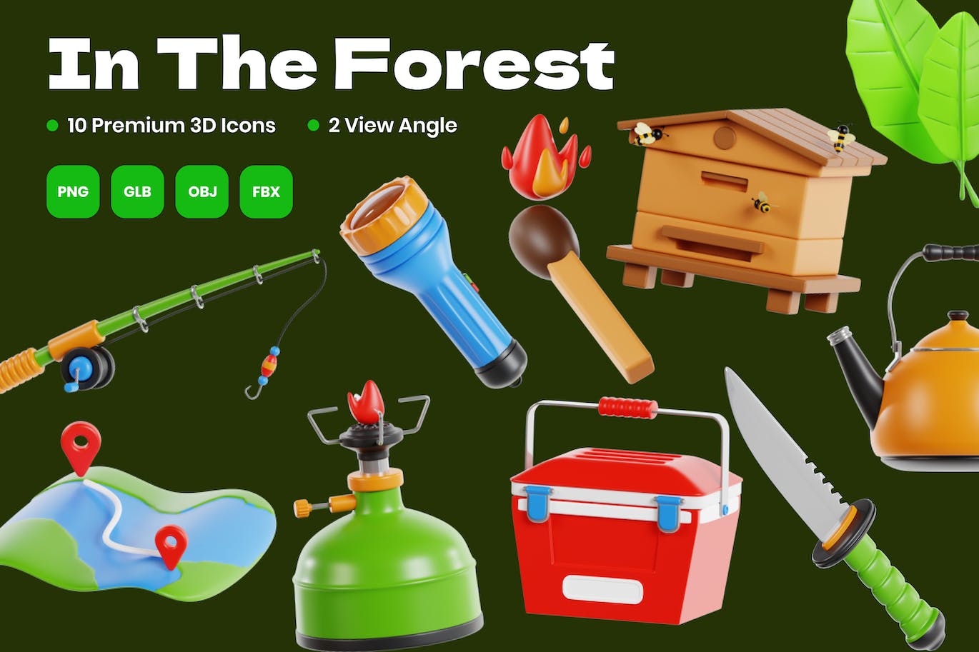 在森林中探索的3D图标 (PNG,fbx.obj)