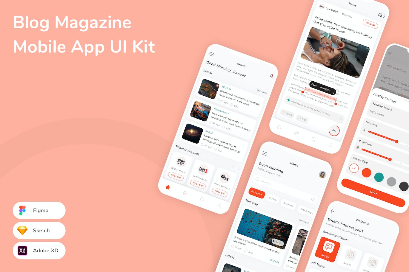 博客杂志移动应用App UI Kit (SKETCH,FIG,XD)