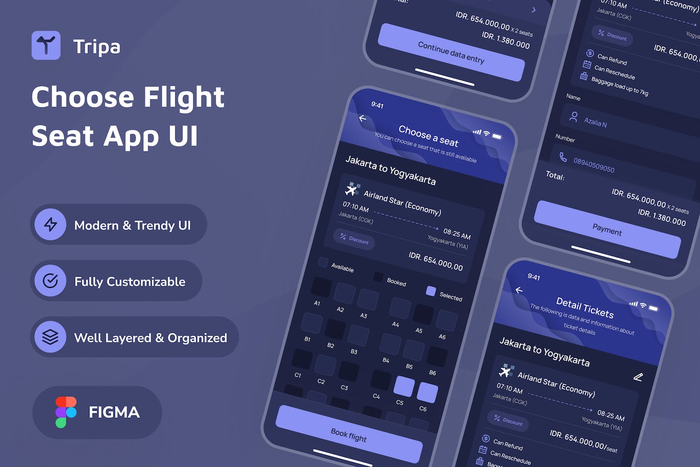 飞机座位暗模式应用App UI Kit (FIG)