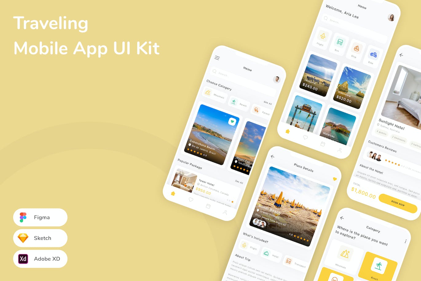 旅行手机应用 App UI Kit (SKETCH,FIG,XD)