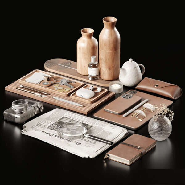 桌面上的报纸 手机 相机 茶具和文具组合3D模型（MAX）