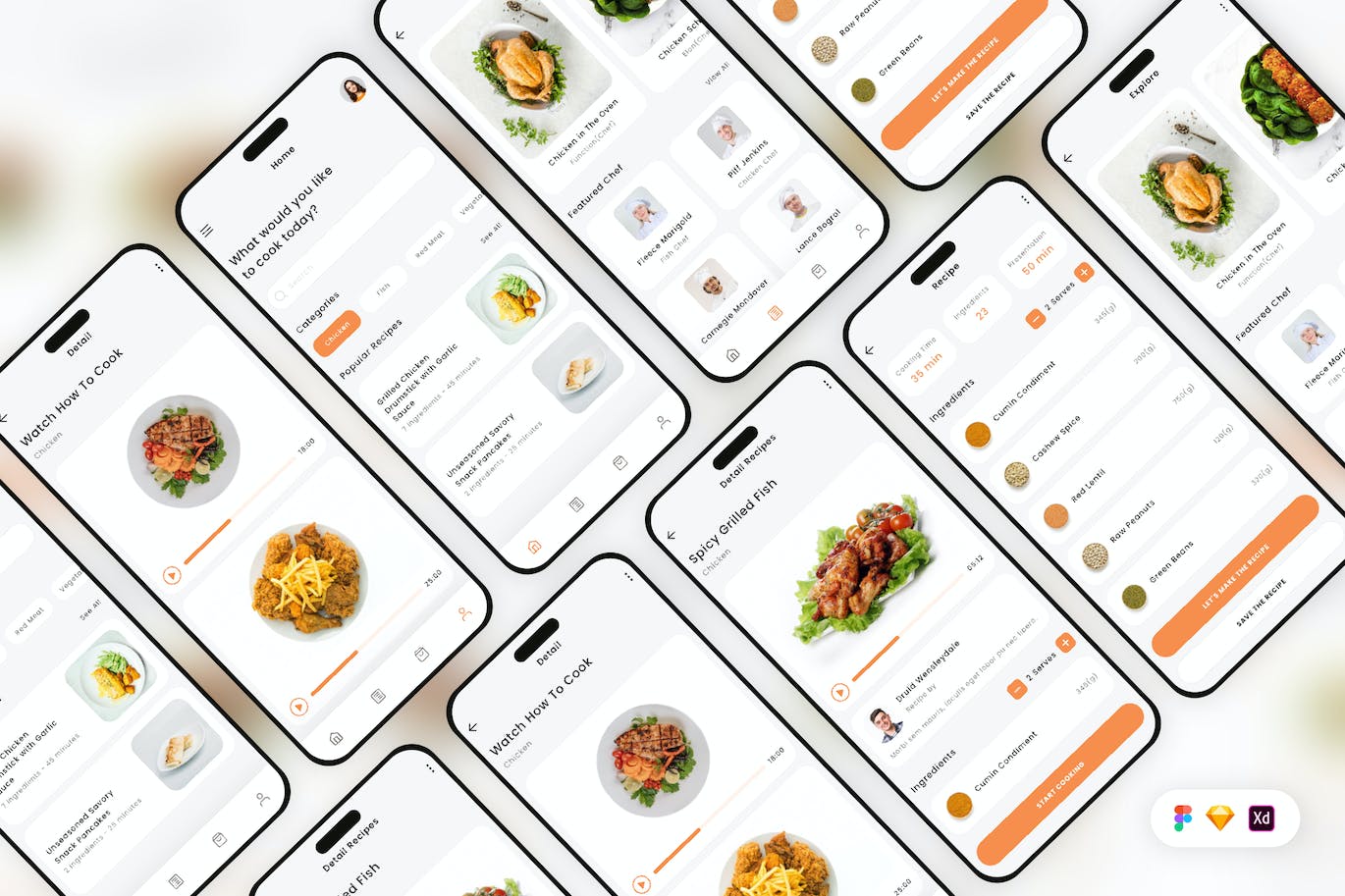 烹饪和食谱移动应用App UI Kit (SKETCH,FIG,XD)