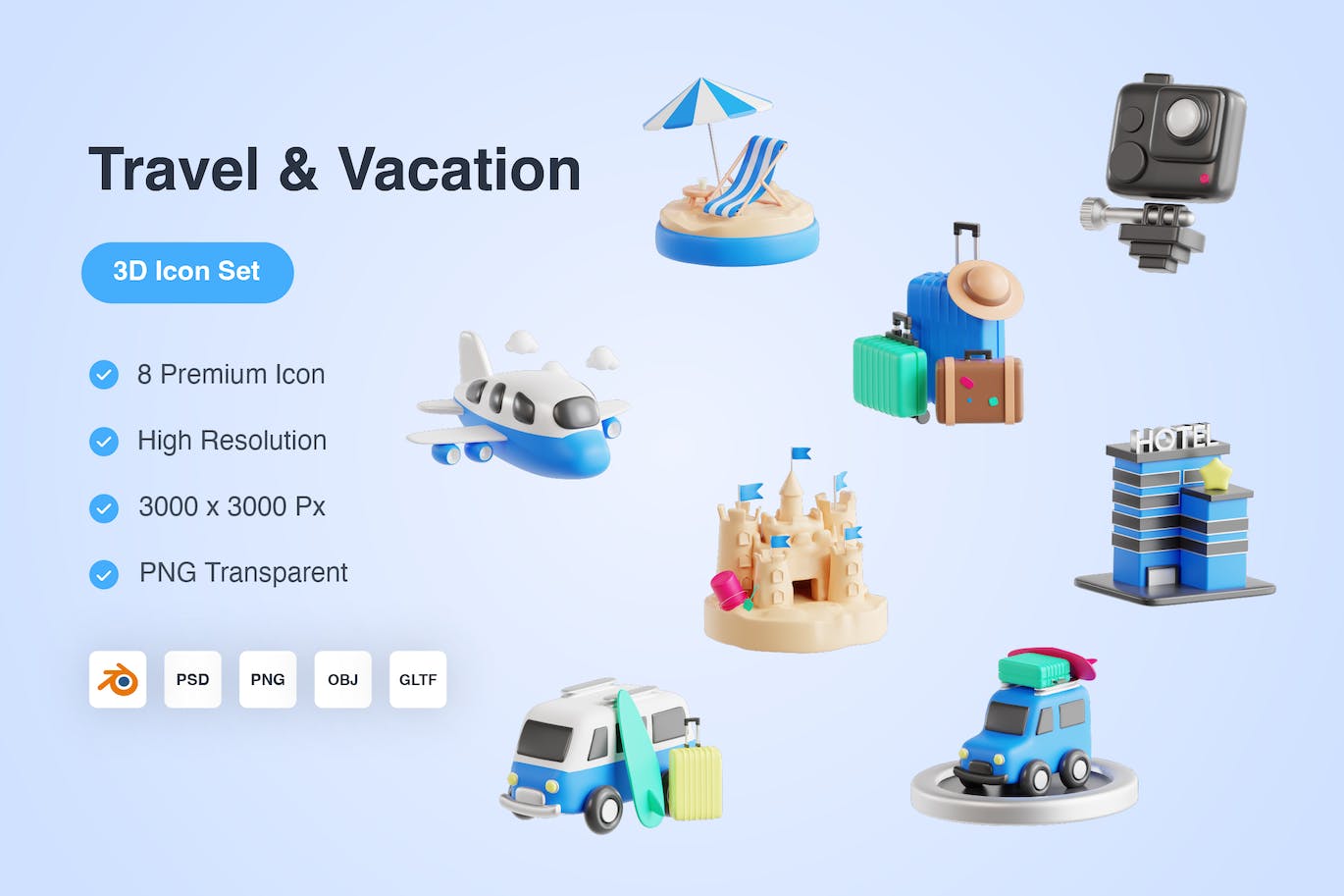 旅行和度假3D图标 (PNG,PSD,obj.blend)