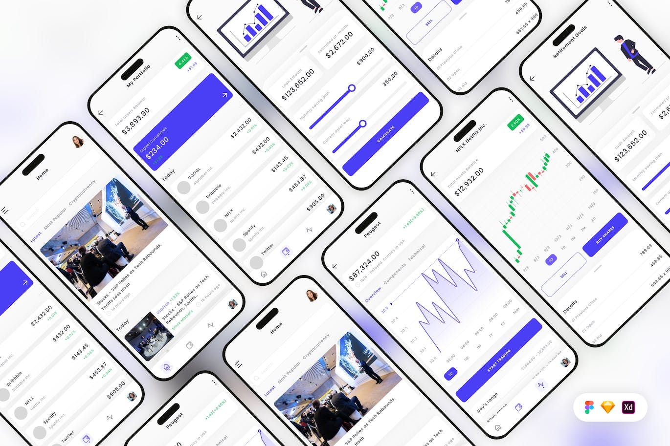 交易和金融新闻移动应用App UI Kit (SKETCH,FIG,XD)