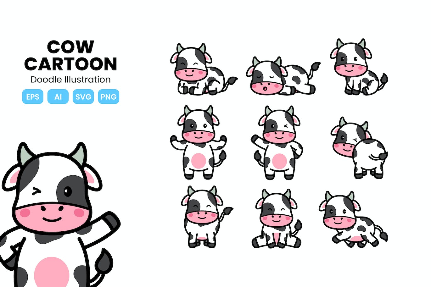 可爱的牛涂鸦卡通 (AI,EPS,PNG,SVG)