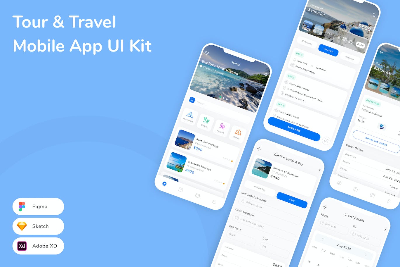 旅游和旅行移动应用App UI Kit (SKETCH,FIG,XD)