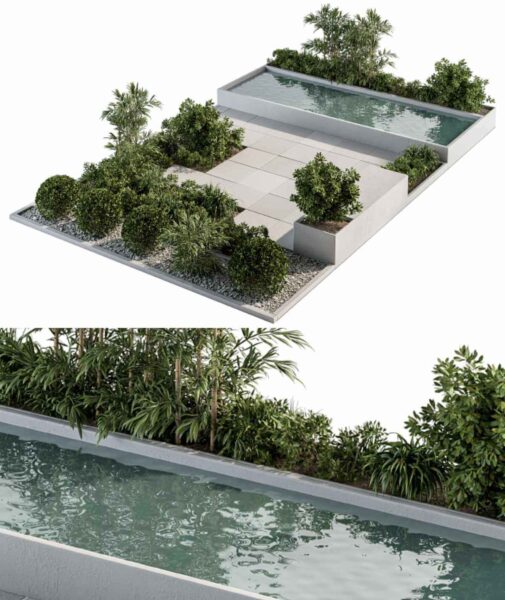 包含水池和绿植的组合景观3D模型（MAX）