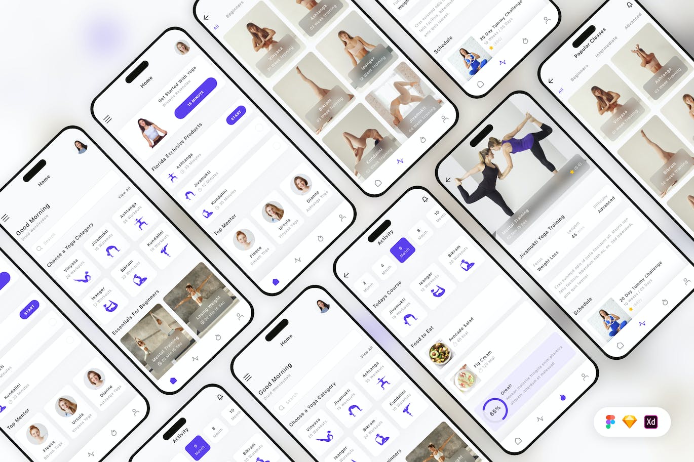 在线瑜伽移动应用 App UI Kit (SKETCH,FIG,XD)
