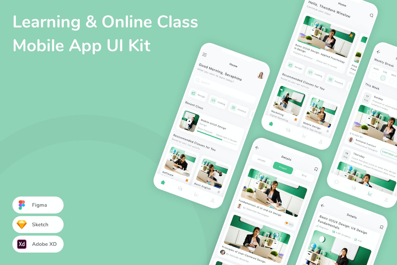 学习和在线课程移动应用App UI Kit (SKETCH,FIG,XD)