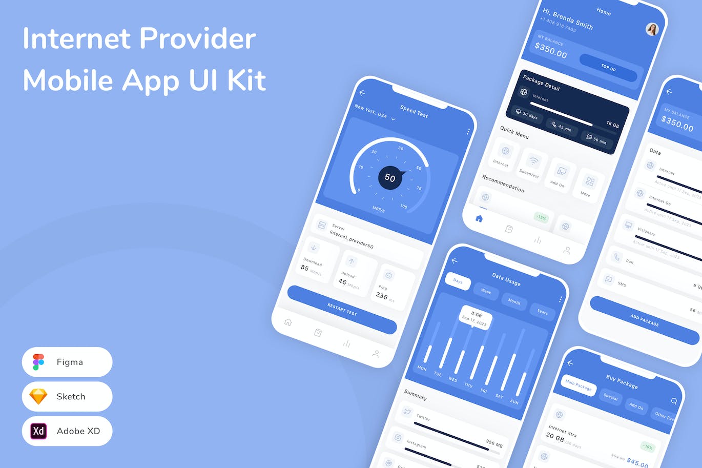 互联网提供商移动应用App UI Kit (SKETCH,FIG,XD)