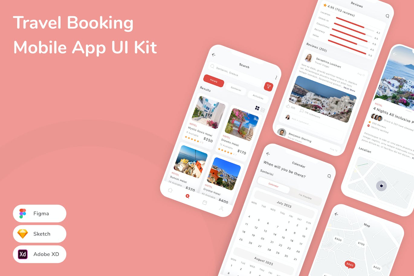旅行预订移动应用 App UI Kit (SKETCH,FIG,XD)