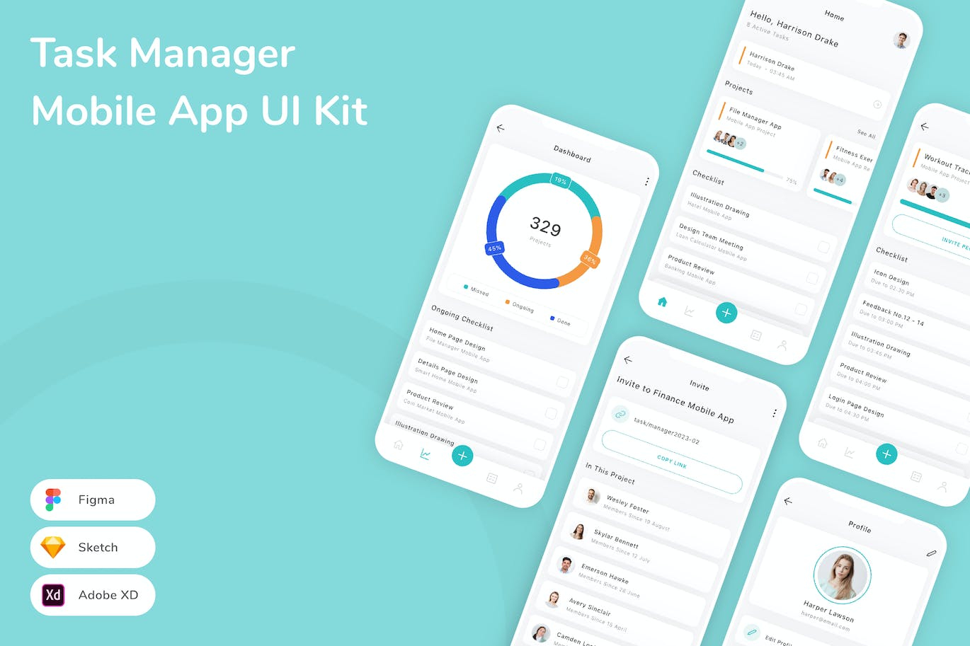任务管理器移动应用 App UI Kit (SKETCH,FIG,XD)