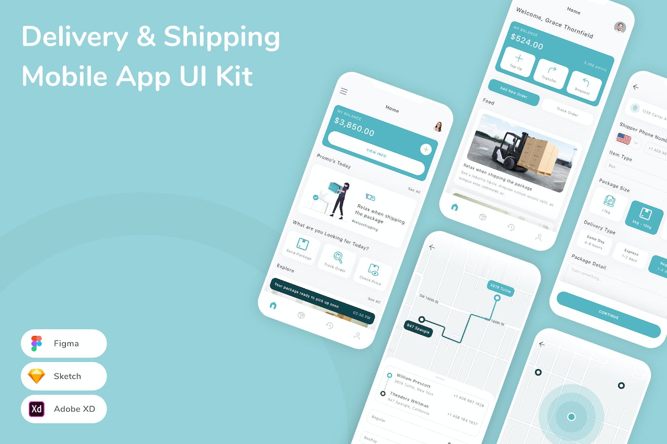 送货和运输移动应用App UI Kit (SKETCH,FIG,XD)