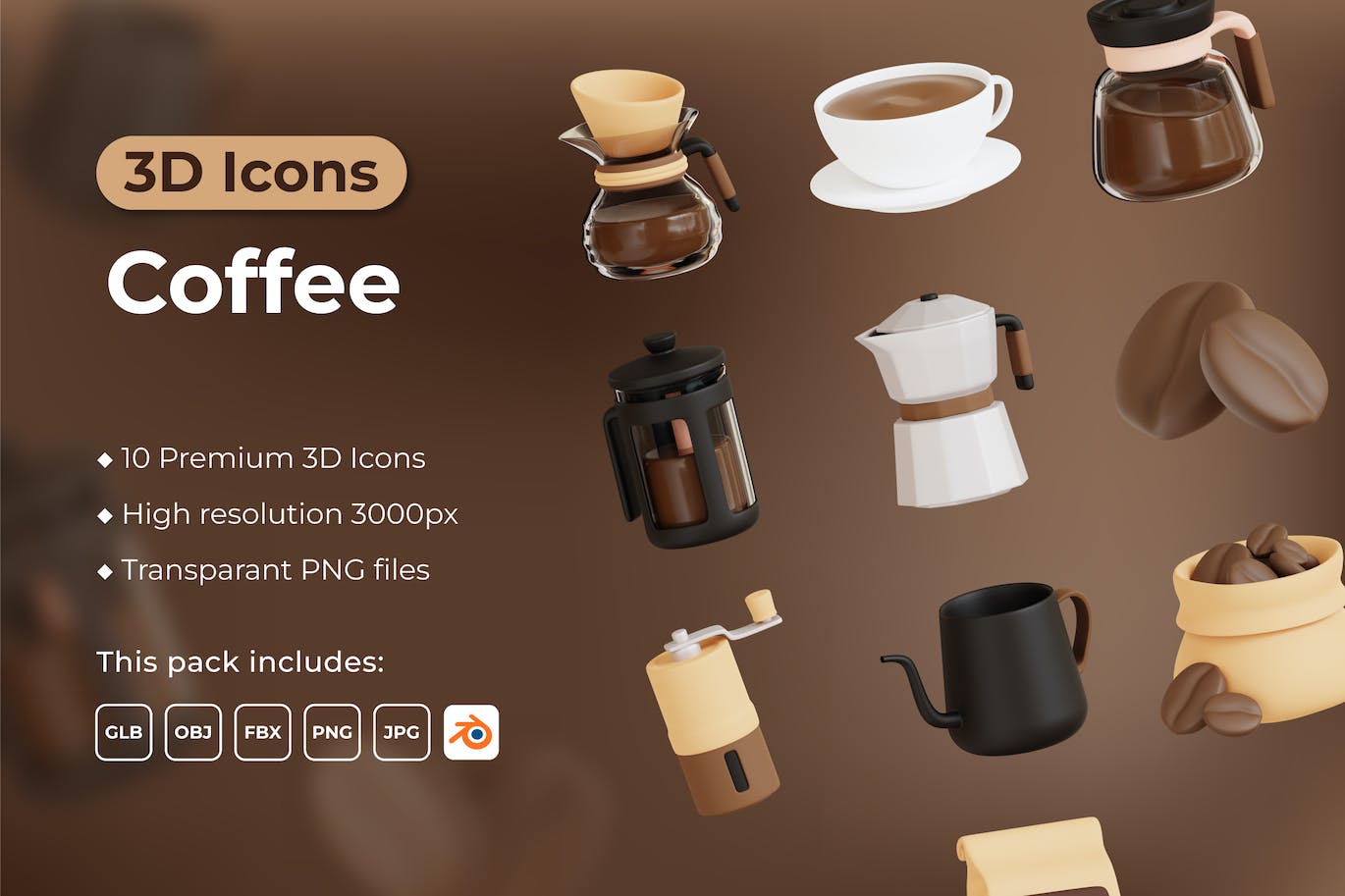 咖啡 3D 图标 (PNG,FBX,OBJ)