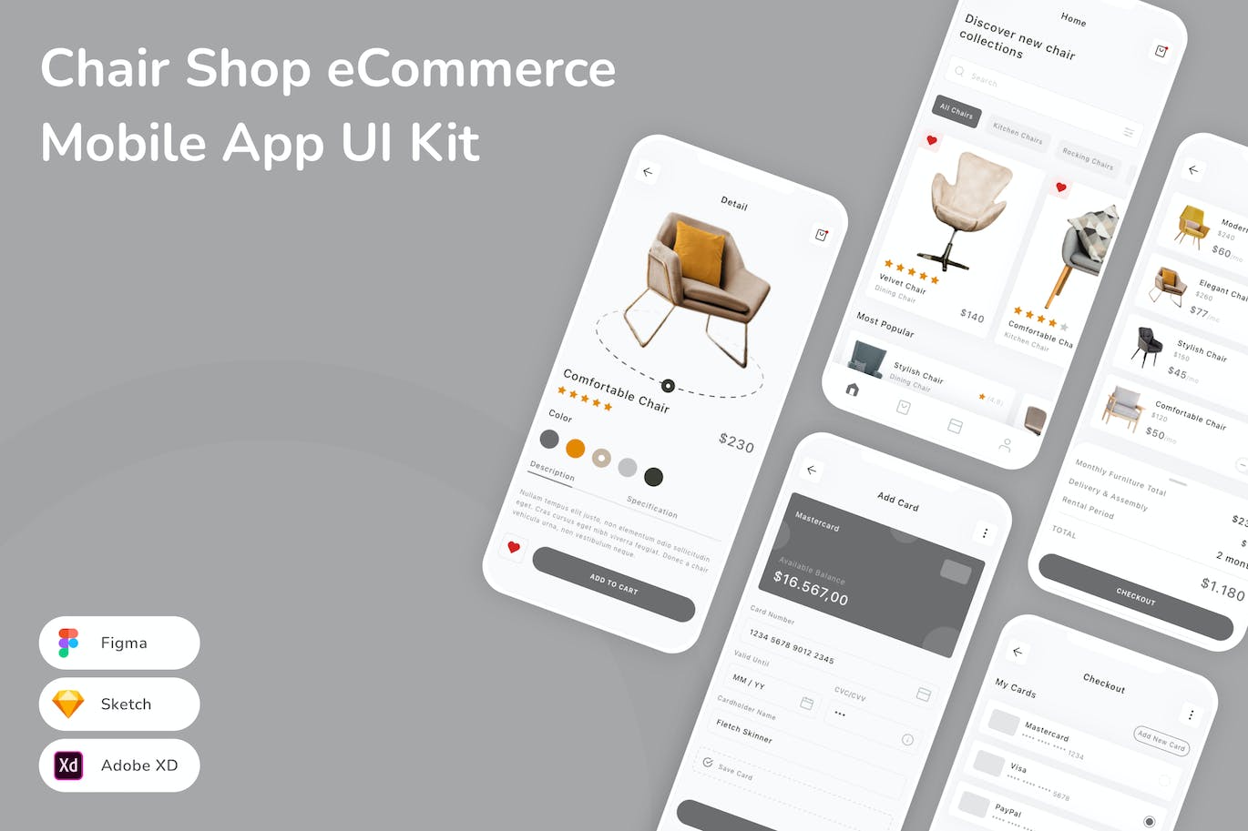 椅子店电子商务移动应用App UI Kit (SKETCH,FIG,XD)