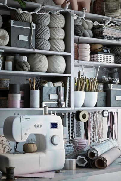 包含缝纫机 线团 剪刀 布艺和缝纫辅料的手工工作区域3D模型（MAX）