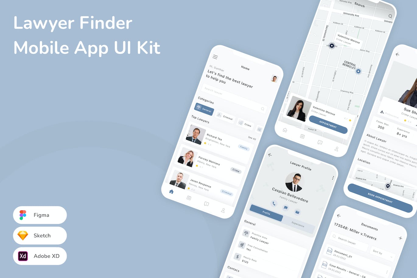 律师查找器移动应用App UI Kit (SKETCH,FIG,XD)