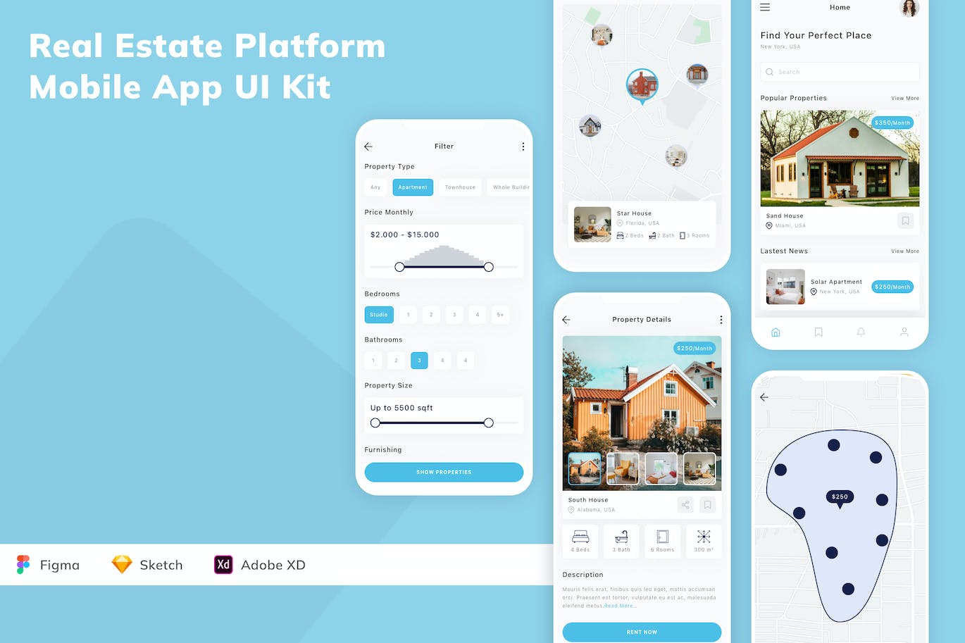 房地产平台移动应用App UI Kit (SKETCH,FIG,XD)