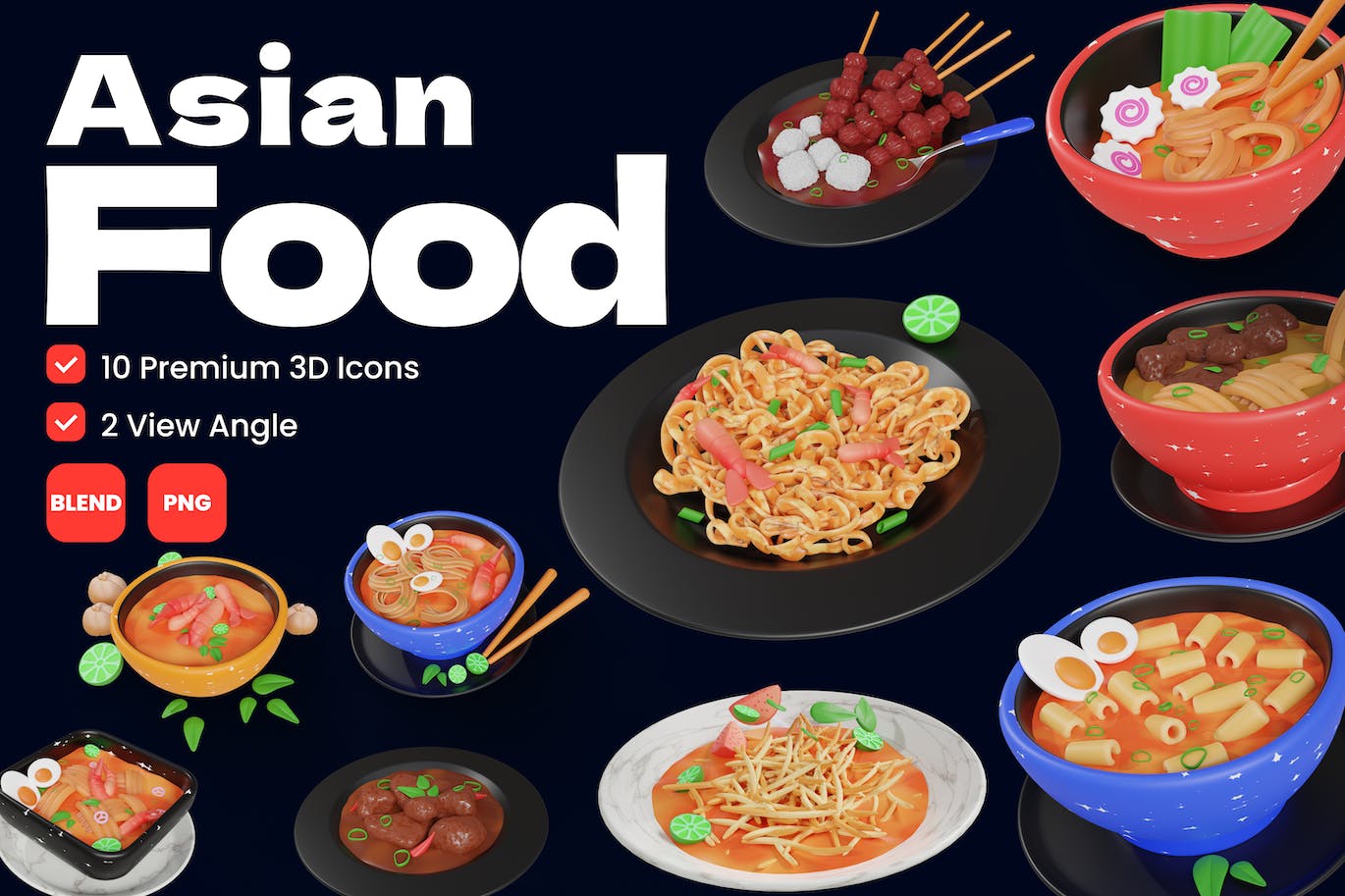 亚洲食品 3D 图标图标 (PNG,Blend)