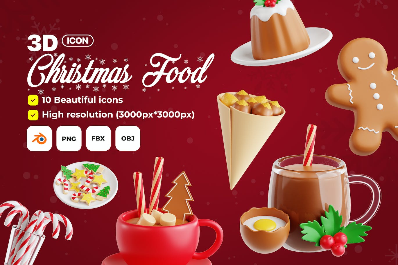 Blender圣诞节食品-3D 图标集 (PNG,OBJ,FBX,Blend)
