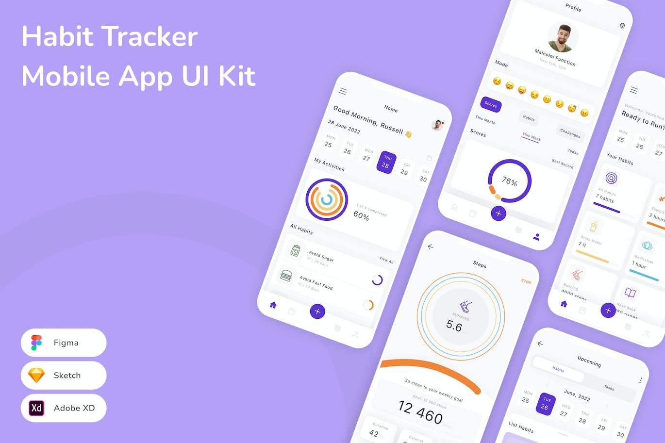 习惯追踪器移动应用App UI Kit (SKETCH,FIG,XD)