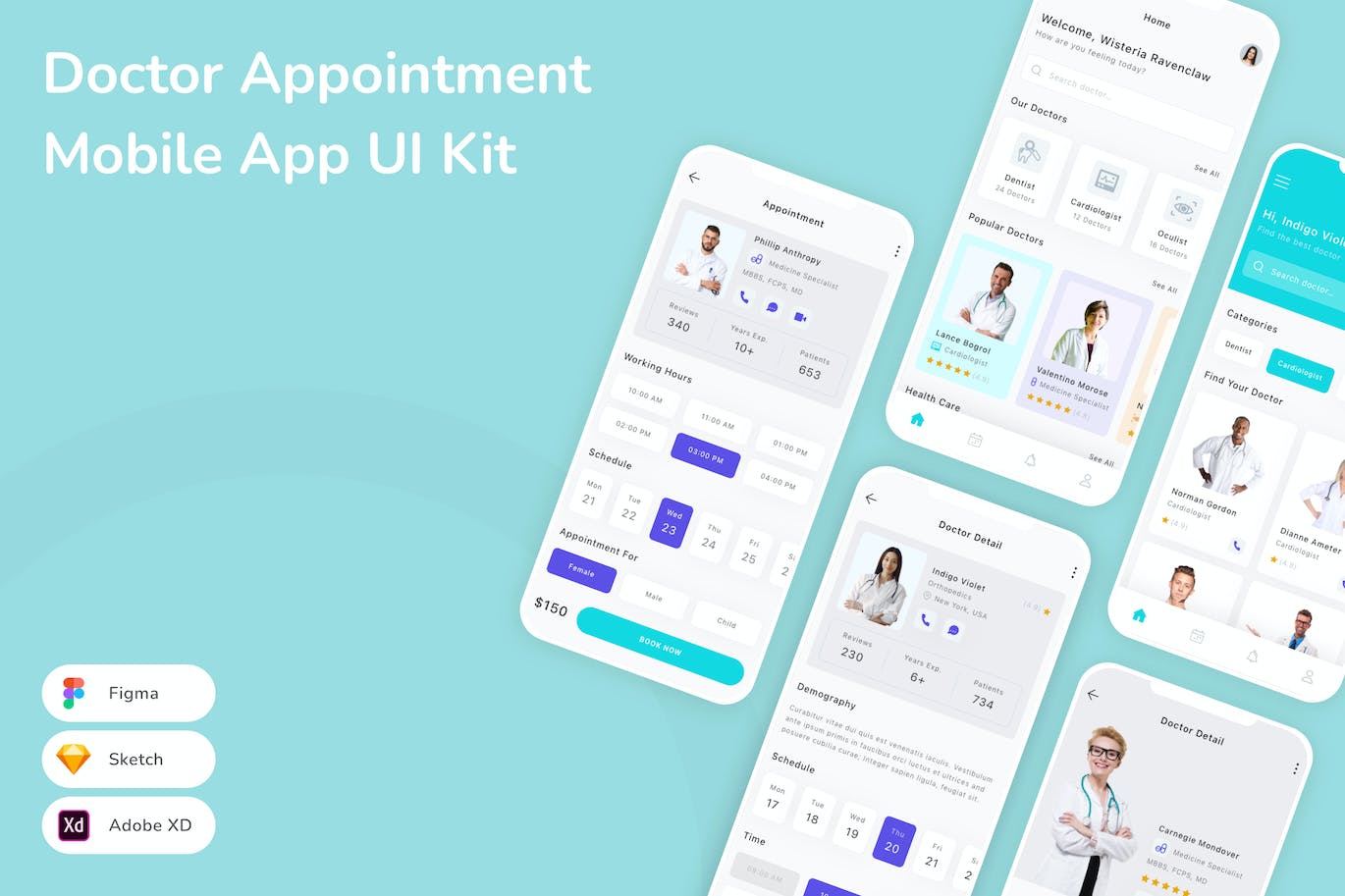 医生预约移动应用App UI Kit (SKETCH,FIG,XD)