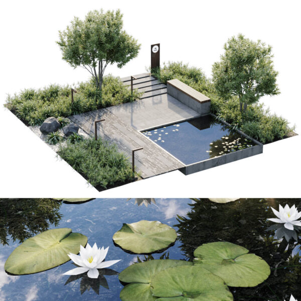 莲花水池 绿植和鹅卵石组合景观 花园景观3D模型（MAX）