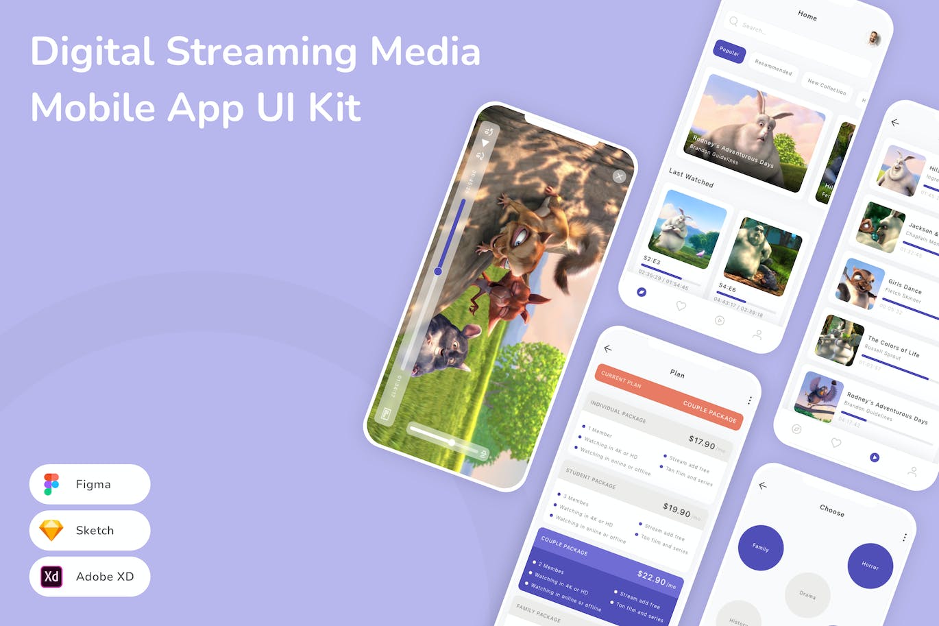 数字流媒体移动 App UI Kit (SKETCH,FIG,XD)