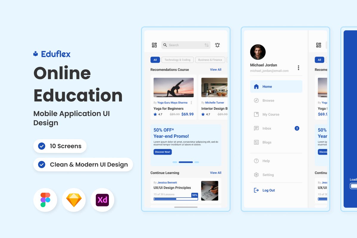 在线教育移动应用 App UI Kit (FIG,SKETCH,XD)