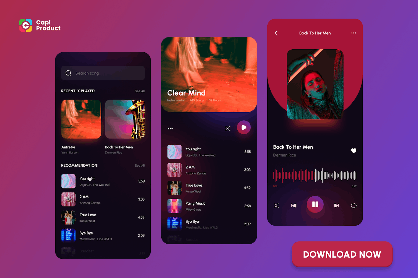音乐应用程序 – 深色模式和洋红色 App UI Kit (FIG)