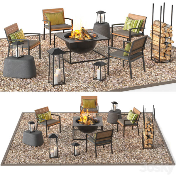 包含篝火 椅子和烛台的休息区3D模型（OBJ,FBX,MAX）