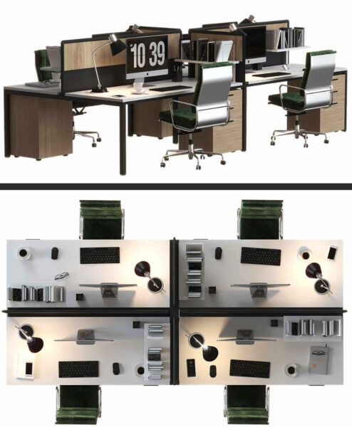 现代4人座办公室员工桌椅 办公室家具3D模型（FBX,MAX）